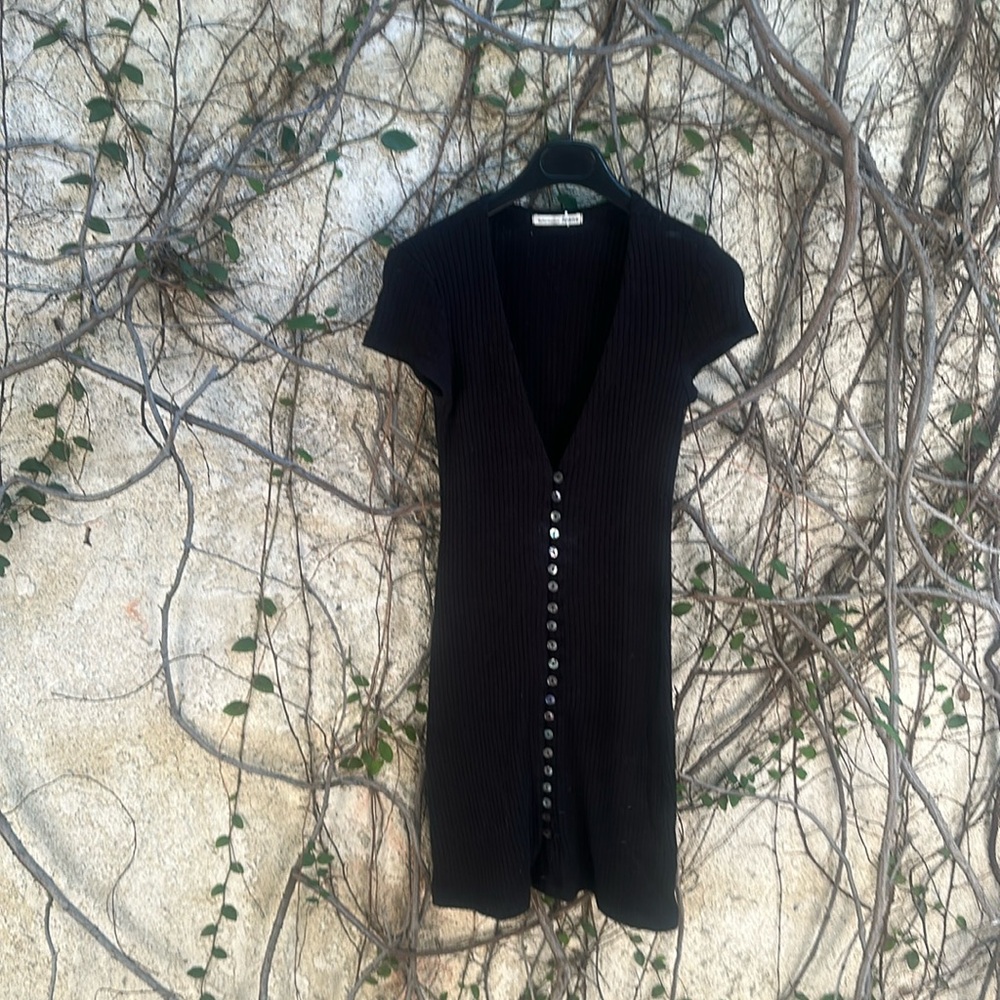 Reformation Black Ribbed Button-Front Mini Dress - Picture 2 of 5